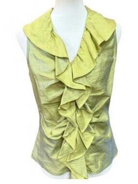 Farinaz Taghavi Green Ruffle Front Sleeveless Blouse Top Size 8